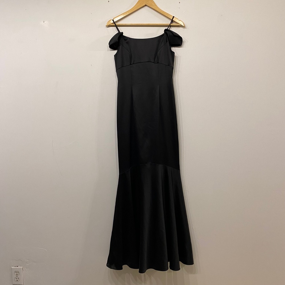Adrianna Papell Black Satin Mermaid Gown Off Shoulder Formal Classic Dress 2